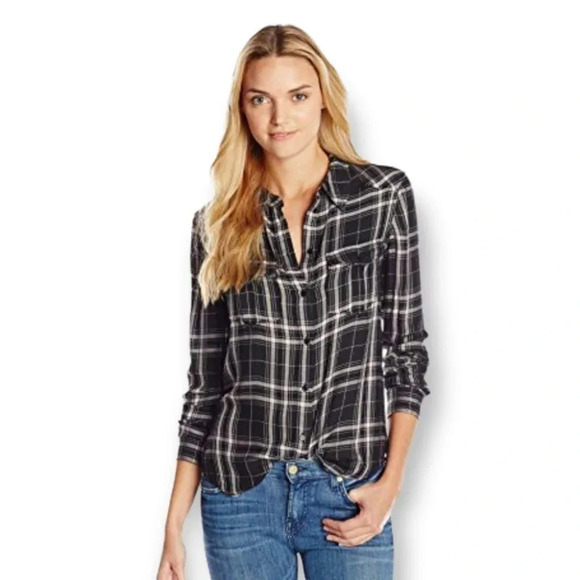 PAIGE Heritage Plaid Flannel Button Up in Black,  White, and Rosewater Pink XS - Picture 14 of 14